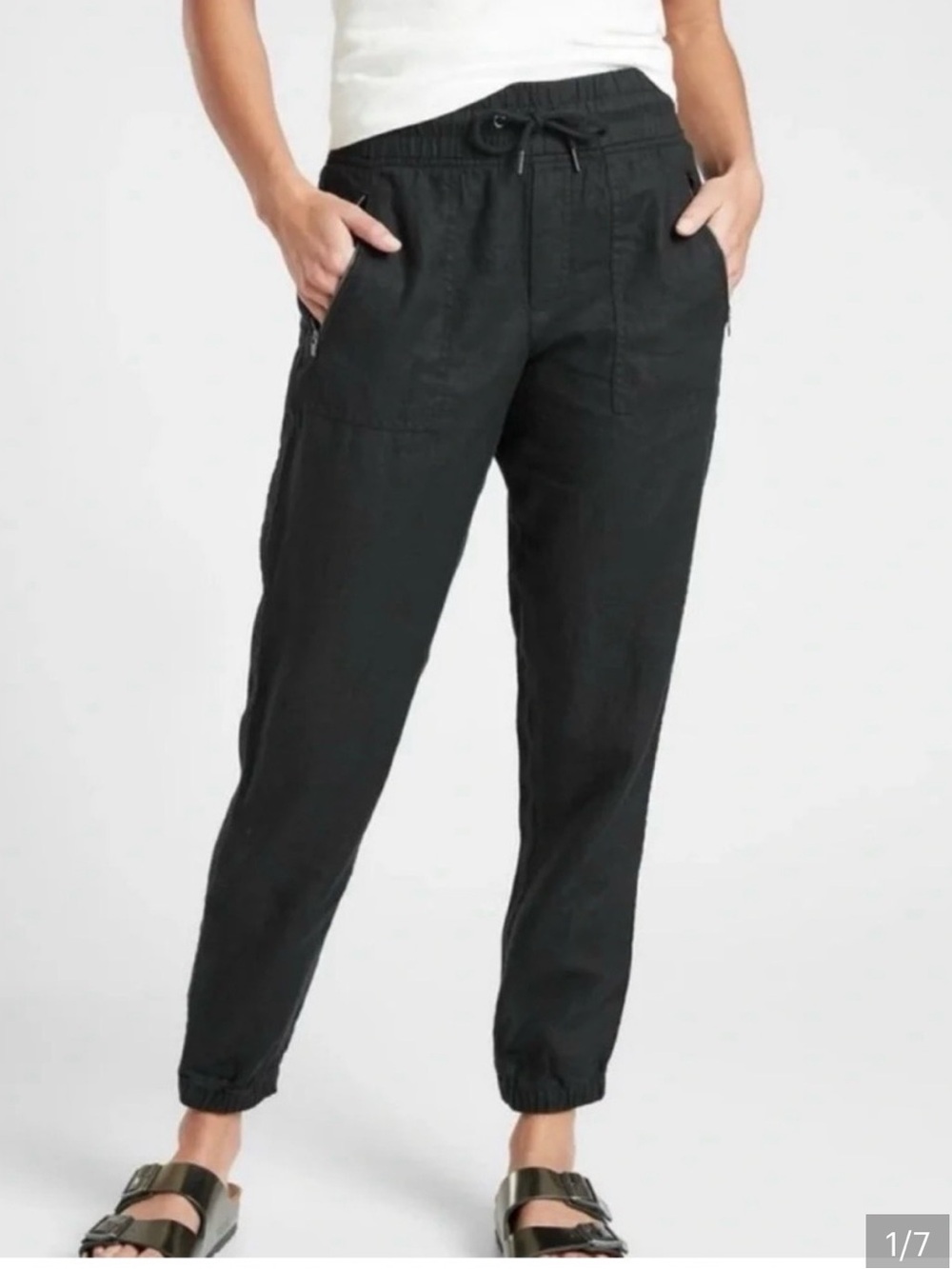 Athleta Womens Cabo Linen Jogger Pants Black Pockets Relaxed Fit Size 12P Petite